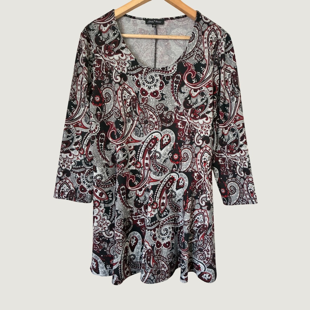 Slinky Brand Grunge Paisley Print Tunic Top Red Black White 3/4 Sleeve L Boho